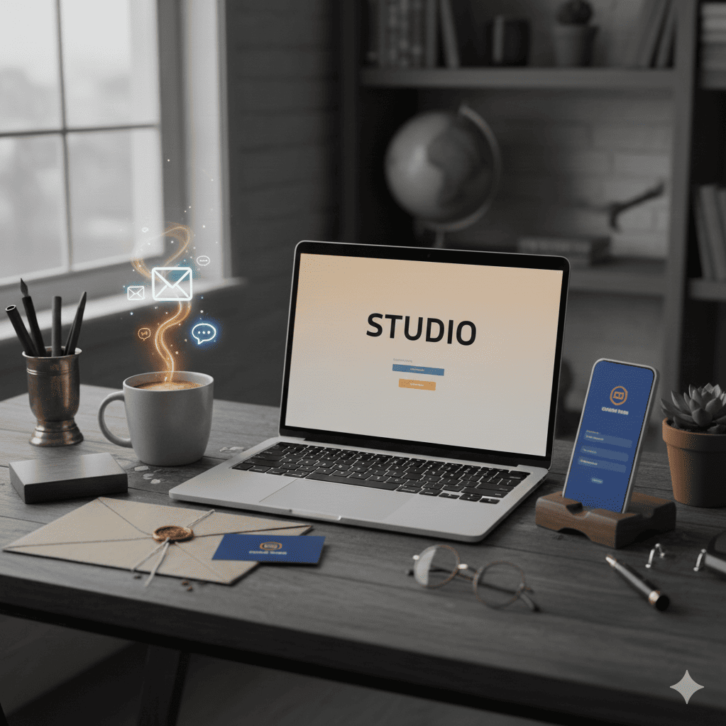 Bureau chaleureux avec un ordinateur affichant “STUDIO”, un smartphone, une tasse de café et des éléments graphiques lumineux symbolisant la communication digitale.
